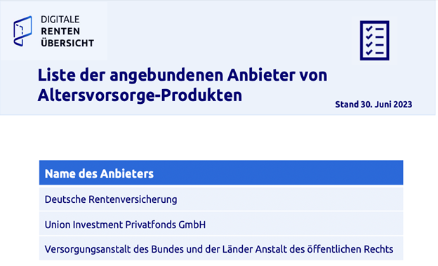 Anbieter, die Daten in die digitale Rentenübersicht einspielen (Quelle: Rentenuebersicht.de)