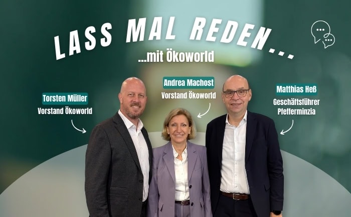 Andrea Machost und Torsten Müller von Ökoworld im Gespräch mit Pfefferminzia-Geschäftsführer Matthias Heß.