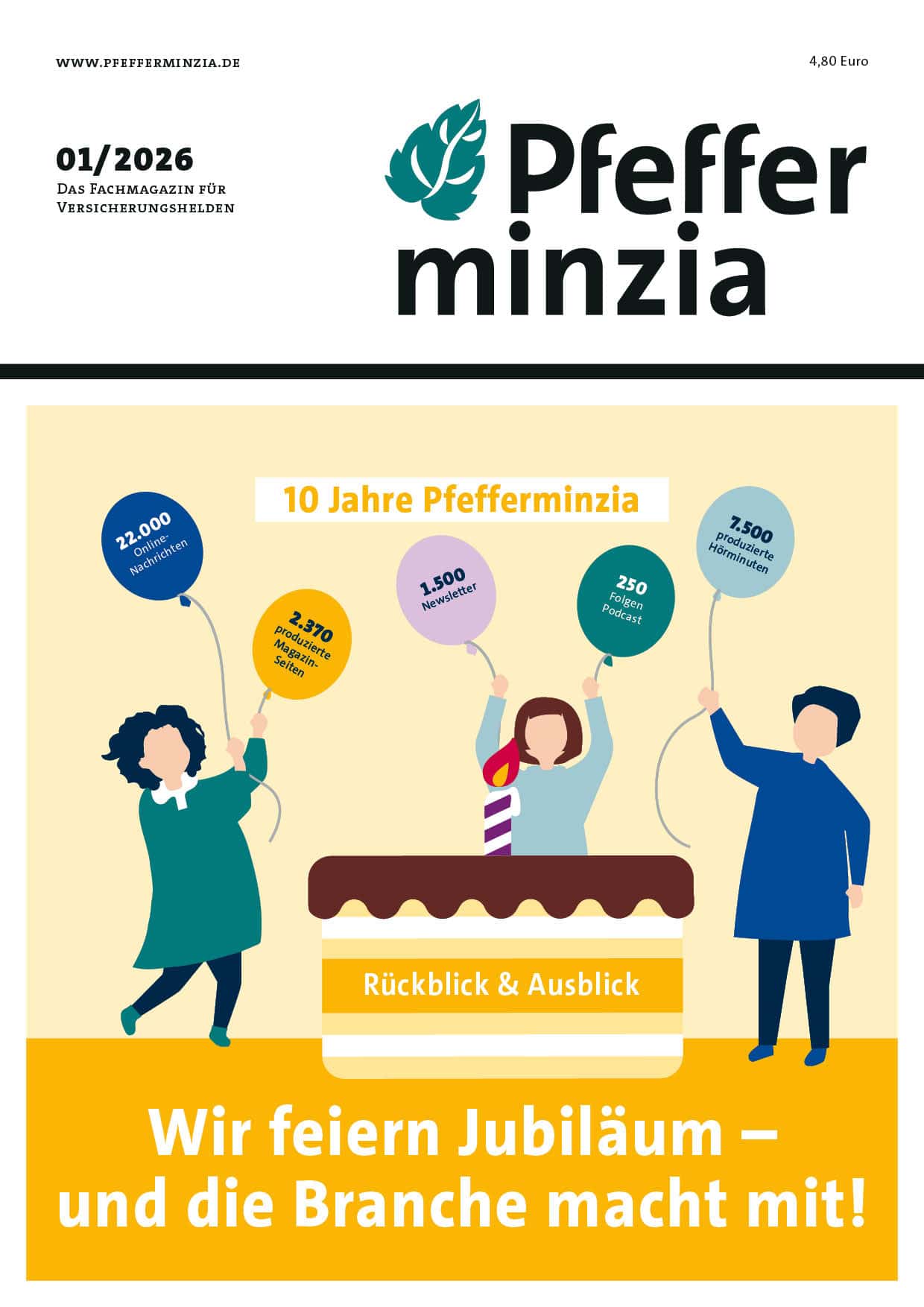 Feier zum 10-jährigen Jubiläum von Pfefferminzia mit Mitarbeitern und Ballons.