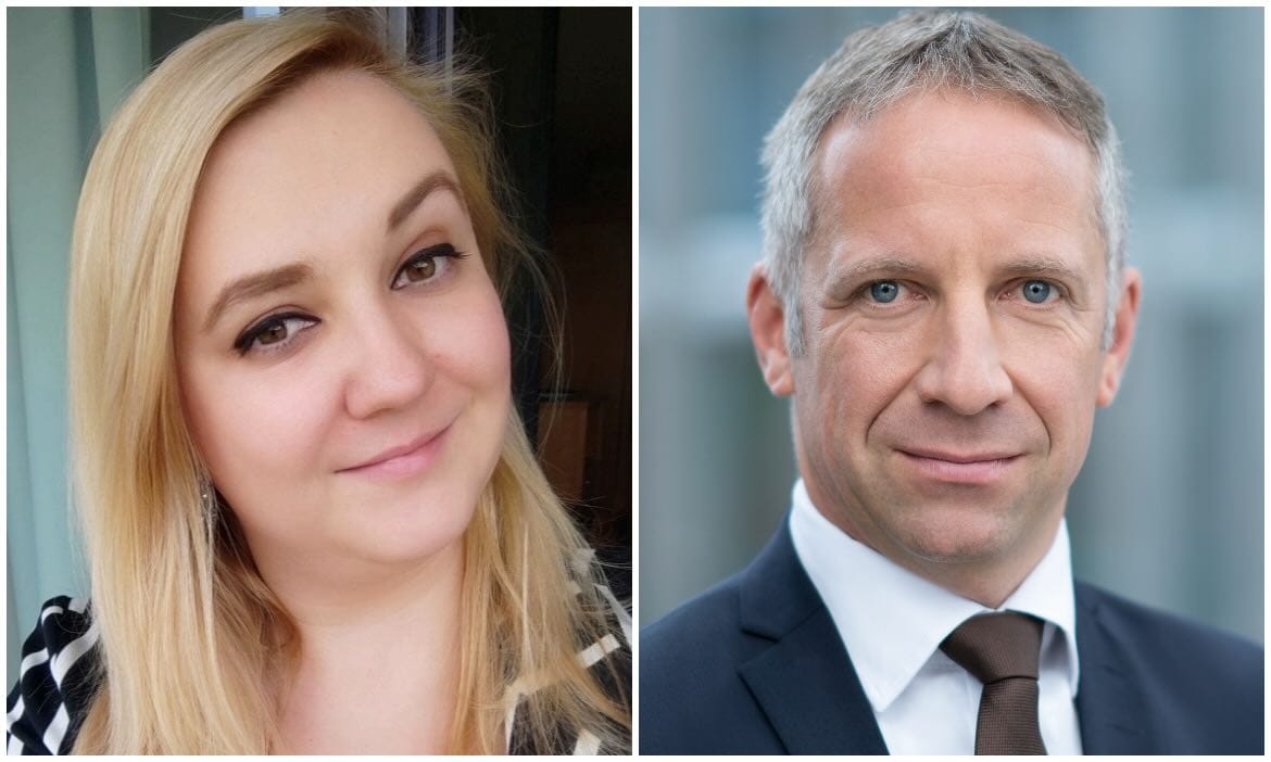 Zwei Makler im Gespräch, Frauen- und Männerseite, professionelle Atmosphäre.